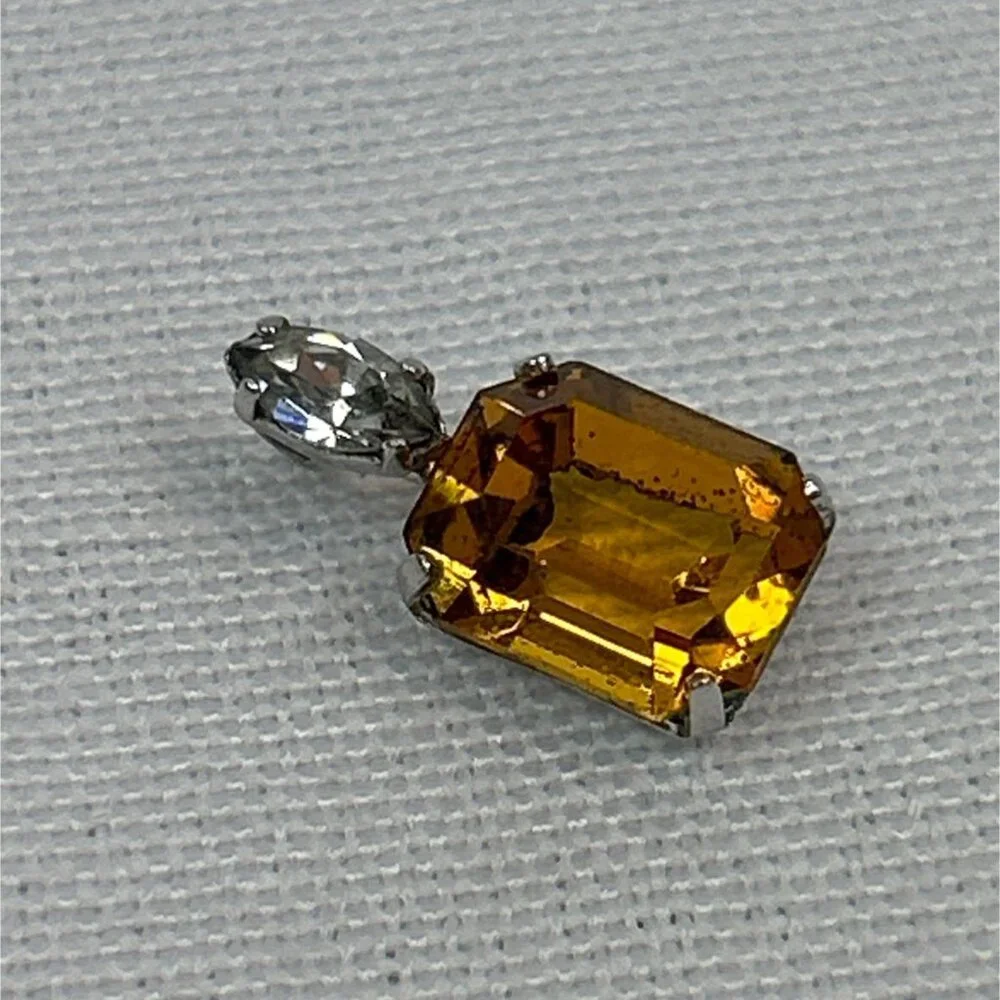 Silver Tone Pendant Emerald Cut Amber Color Gemstone Small Clear Accent Stone - Picture 2 of 4